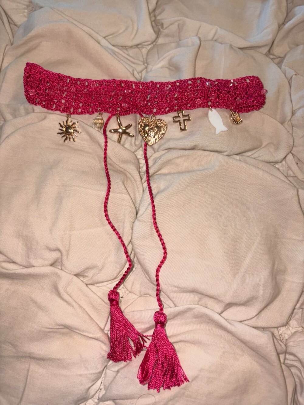 Free People Coquette Hot Pink Crochet Knit Charm Belt Choker Necklace